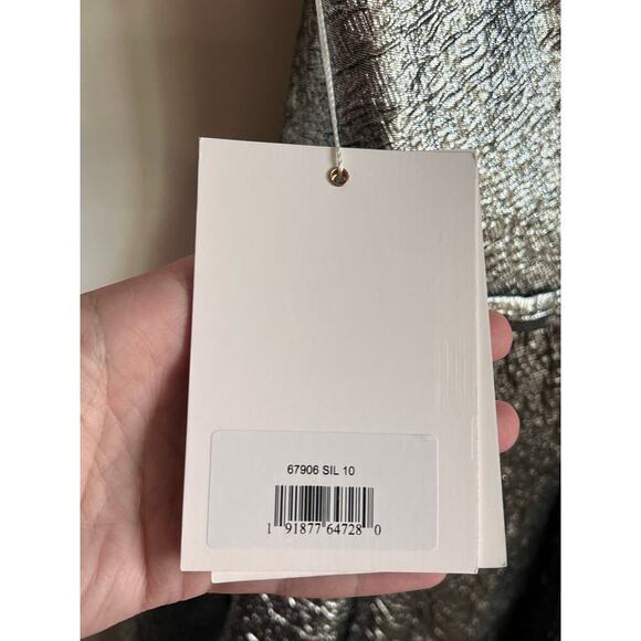 Mac Duggal One Shoulder Bow Midi Metallic Fit & Flare Dress Silver Womens 10 NWT - Picture 7 of 11